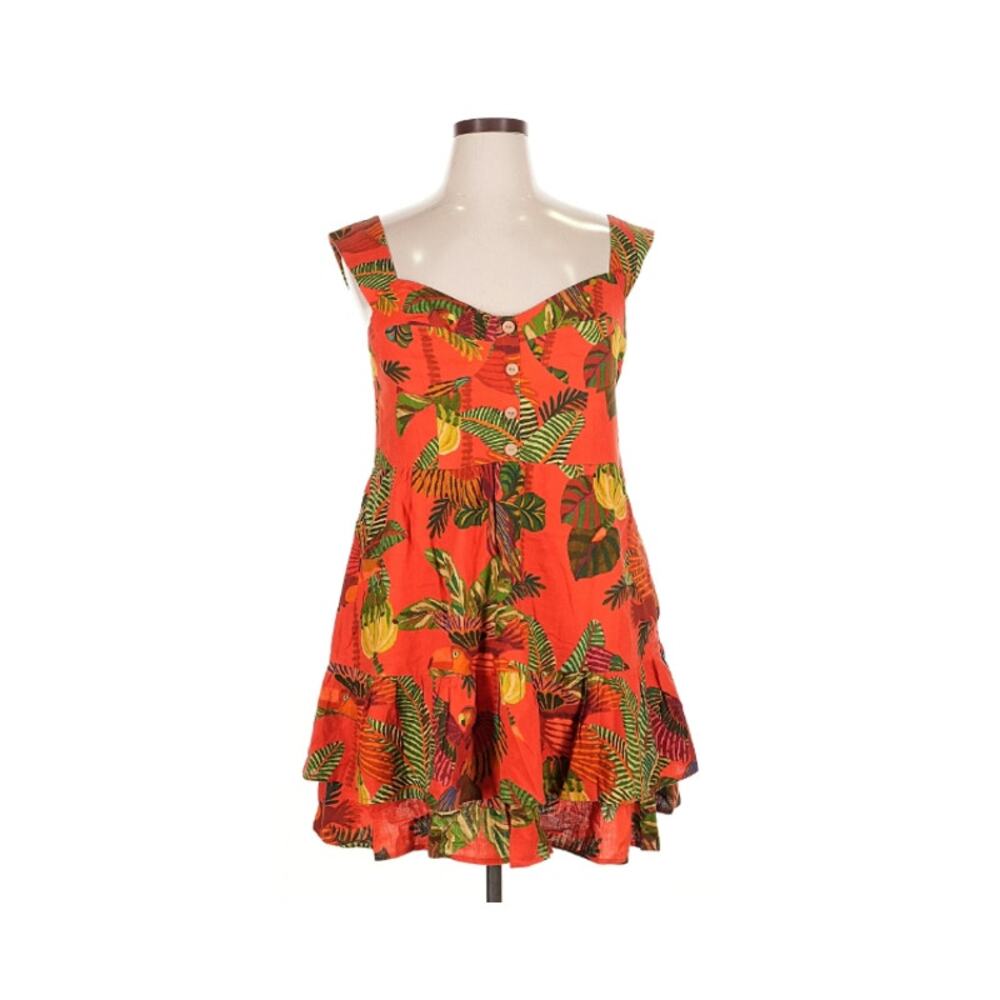 Farm Rio Designer‎ Tropical Linen Mini Dress XL Orange Button Front Ruffle - Picture 3 of 7